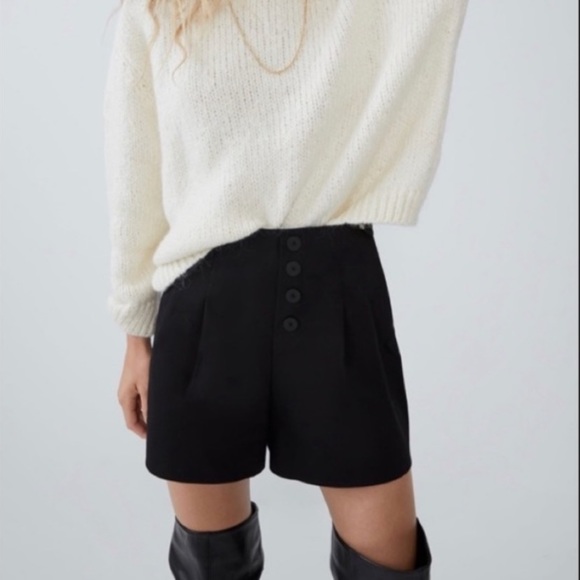 Zara Black Woven High Waist Button Front Pleated Dress Skort Shorts